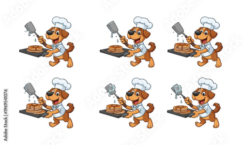 Cartoon chef dog cooking pancakes with a spatula on frying pan set.