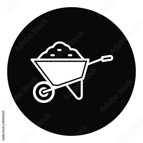 Wheelbarrow filled with soil in a gray silhouette on white background icon