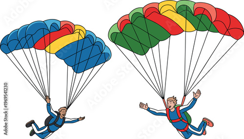 Two skydivers with colorful parachutes gliding through the air for extreme sports adventure skydiving and outdoor recreation concepts vector illustration