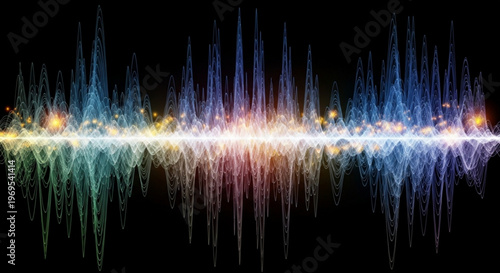 Vibrant sound wave graphic with multicolored spikes on black background representing audio signal