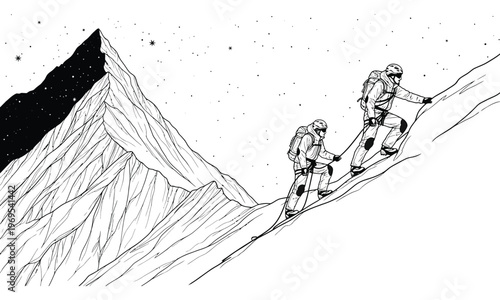 Climbers ascend snowy mountain peak at night with stars overhead.