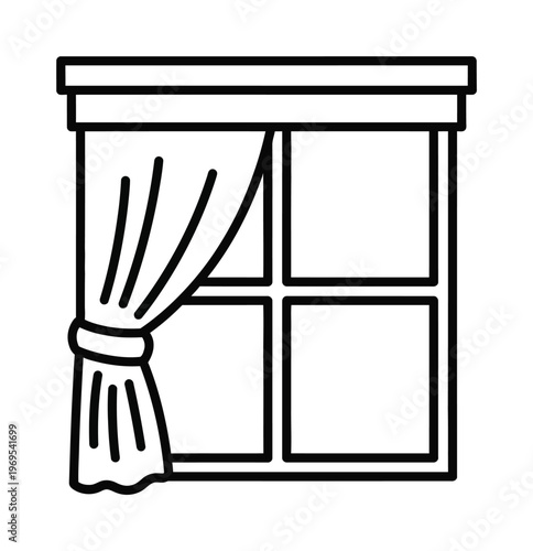 Minimalist vector of a window with a partially drawn curtain and four panes