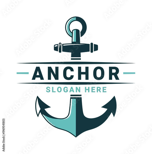 Vector featuring a anchor with a teal and navy blue design, accompanied by bold text and a customizable slogan