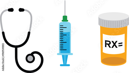 Medical equipment set featuring stethoscope syringe and prescription medicine bottle for healthcare hospital pharmacy and clinical professional diagnostic services vector