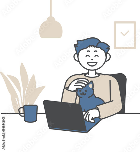 自宅でパソコンを開き猫を膝で撫でながら仕事をする男性
