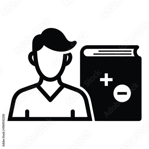 Black and white icon of a man next to a document with plus and minus signs icon