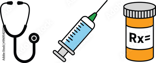 Medical equipment set featuring stethoscope syringe and prescription medicine bottle for healthcare hospital pharmacy and clinical professional diagnostic services vector