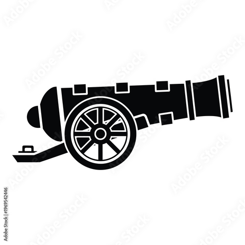 Black and white illustration of a historic cannon on wheels icon
