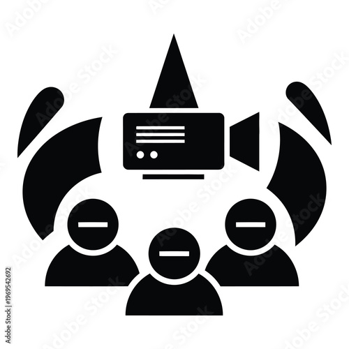 Black and white illustration of people in front of a video camera  recording studio icon