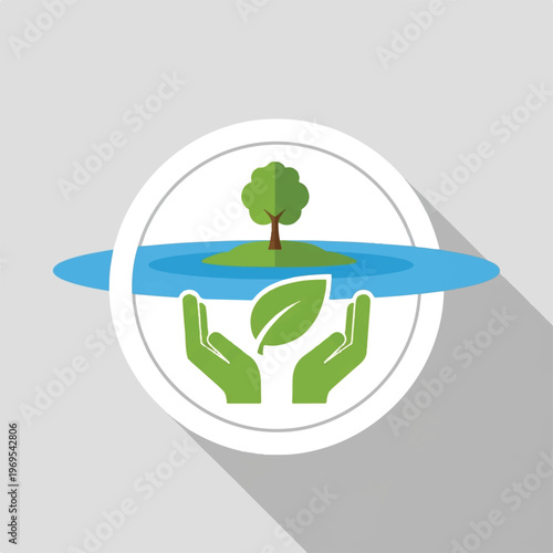 Hands holding leafy green tree symbol.