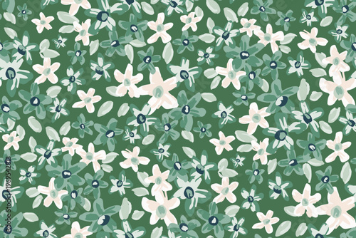 Pretty hand painted ditsy flowers and leaves in a dense meadow forming a maximalist botanical design in colors of green, cream, blue and white. Floral seamless vector pattern. Great for home decor.
