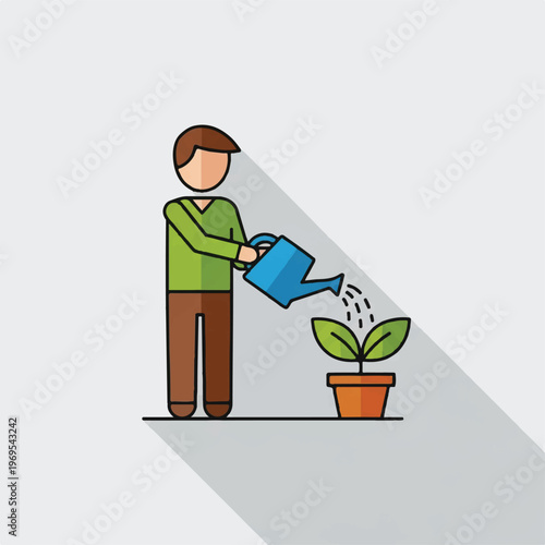 Man watering small green potted plant.