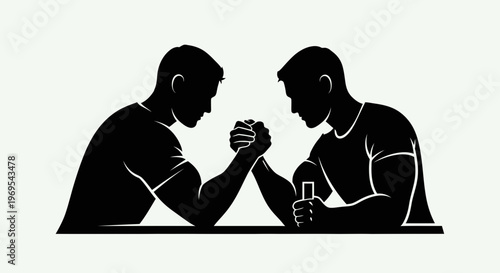 Arm wrestling silhouette with two men in competitive strength pose