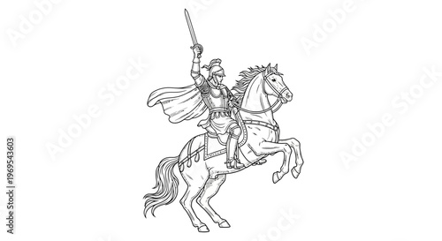 Knight on horseback line art with raised sword medieval warrior