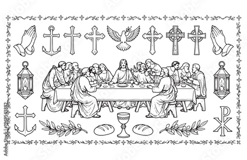 The last supper depicted with religious symbols and iconography