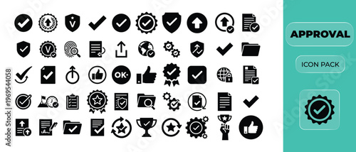 Diverse collection of professional approval icons featuring checkmarks shields trophies and stamps for business validation and verification