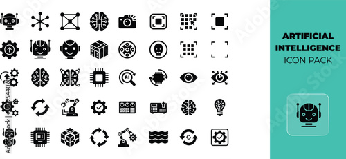 Modern artificial intelligence icon collection featuring machine learning robotics and neural network symbols for tech concepts