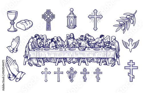 The last supper with traditional christian symbols surrounding it in an artistic sketch