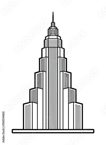 Vector of a tall skyscraper with several setbacks and a central spire