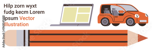 Education, creativity, technology, transportation, learning, graphic design. A laptop, orange compact car and pencil. Education and creativity concepts with a mix of tools and ideas