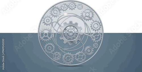 Intricate network of metallic gears and connections forming a complex circular system, representing industrial engineering, teamwork, and sophisticated mechanical processes.
