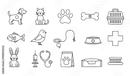 A set of black and white line art icons depicting various pet care and veterinary medicine symbols