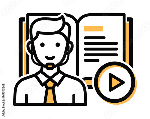 Vector showing a man wearing a headset in front of an open book and a play button.