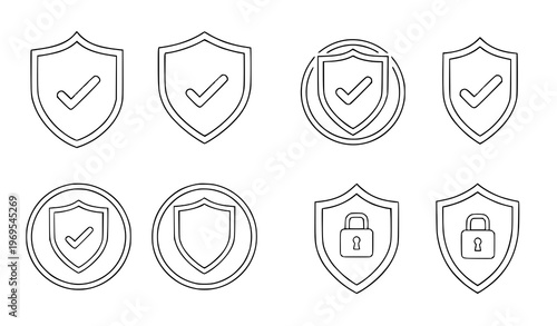 A set of security icons including shields and locks in a minimalist line art style