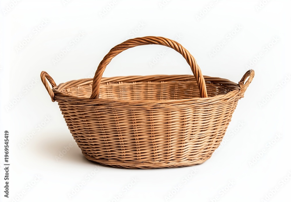 Obraz premium Empty woven basket with a sturdy handle, handcrafted from natural wicker. Perfect for storage, shopping, or decorative use