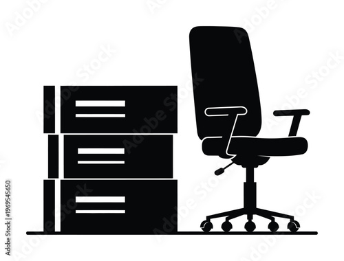 Vector featuring a modern office chair and a three-drawer filing cabinet