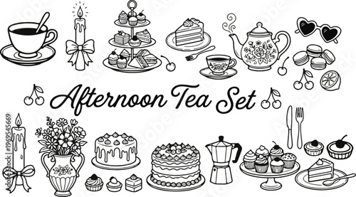 Cute hand-drawn afternoon tea doodle outline style vector illustration featuring teapot, floral teacup, tiered cake stand with sweets, cake, candle, isolated on white background