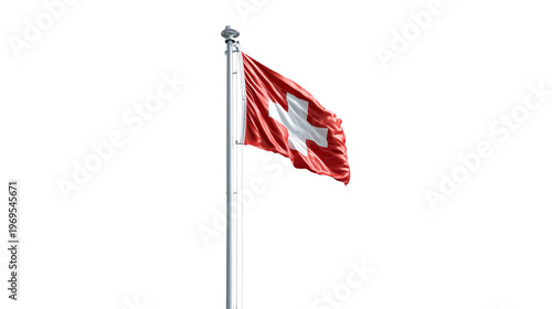 A Swiss flag flutters in the wind atop a flagpole against a pure white background