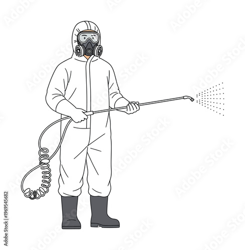 Person in a protective hazmat suit holding a spraying device in this vector