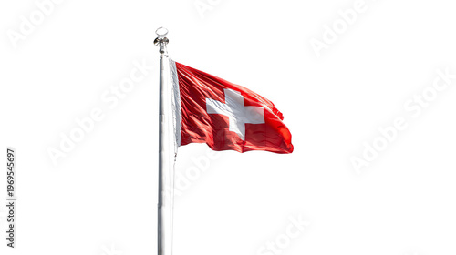 A Swiss flag flutters in the wind atop a flagpole against a pure white background