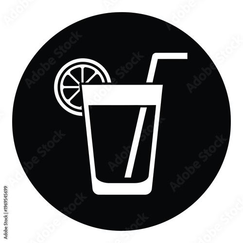Glass with straw and lemon slice on white background icon