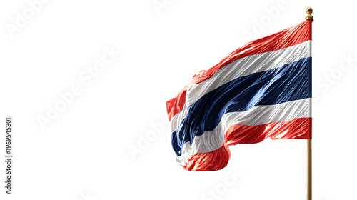 A Thai flag flutters in the wind on a flagpole against a pure white background