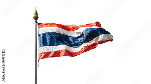 A Thai flag flutters in the wind on a flagpole against a pure white background