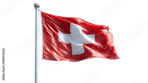 A Swiss flag flutters in the wind atop a flagpole against a pure white background