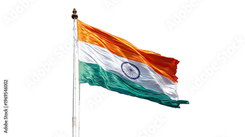 An Indian flag flutters in the wind atop a flagpole against a pure white background.