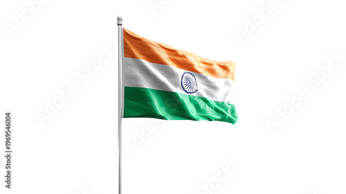 An Indian flag flutters in the wind atop a flagpole against a pure white background.
