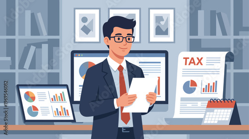 A confident, smiling accountant in a sharp suit and glasses stands in his neat office, reviewing paperwork among computer screens showing financial charts, a large tax document, and a calendar