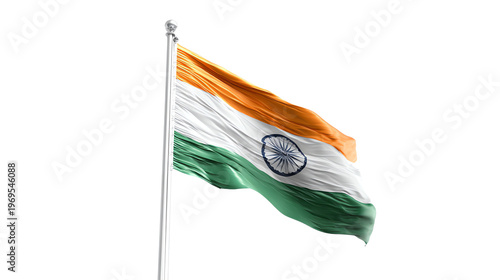 An Indian flag flutters in the wind atop a flagpole against a pure white background.