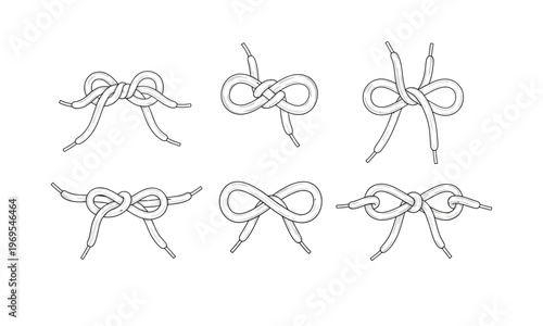 Various types of shoelace knots and bow ties isolated on white set.
