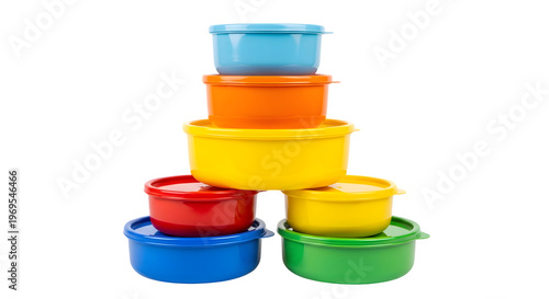 A stack of colorful bowls on a transparent background indoors
