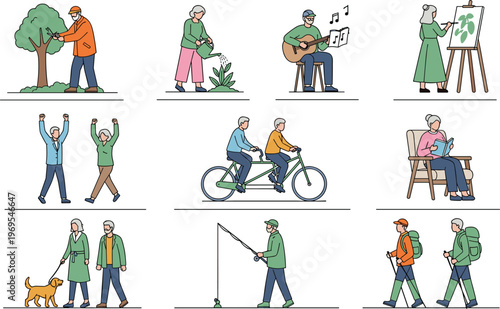 Active senior lifestyle collection elderly people hobbies activities gardening cycling music painting walking vector illustration set
