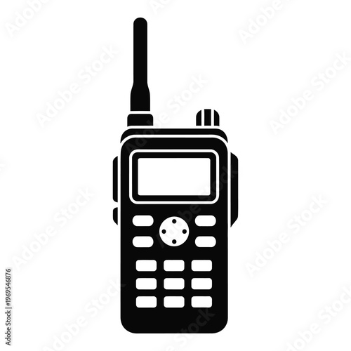 Graphic illustration of handheld two way radio device with antenna and keypad icon