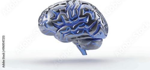 A futuristic metallic human brain, intricately designed with glowing blue circuits, visually represents artificial intelligence, complex thought processes, and advanced technological innovation.