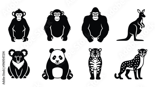 A collection of diverse animal silhouettes including primates bears big cats and kangaroos in black and white silhouette high quality professional