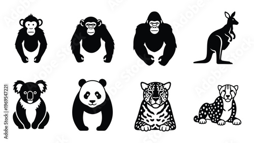 A collection of eight animal silhouettes including a gorilla kangaroo koala and cheetah presented in black high quality professional detailed modern