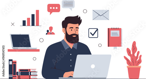Professional man working on laptop with business icons flat vector illustration